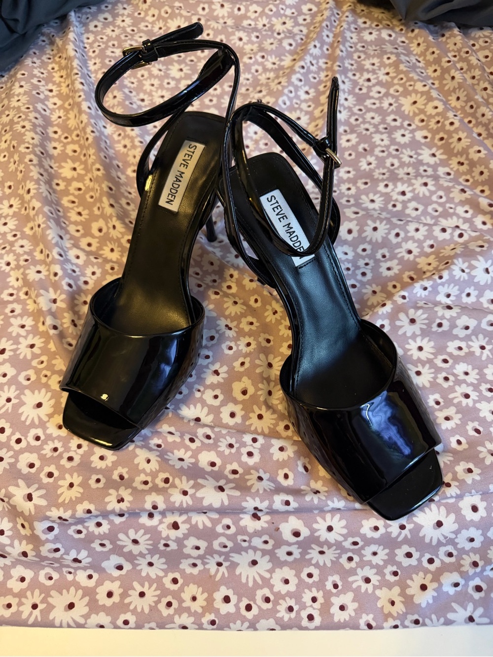 Steve Madden Black Patent Open-Toe Ankle-Strap Heels